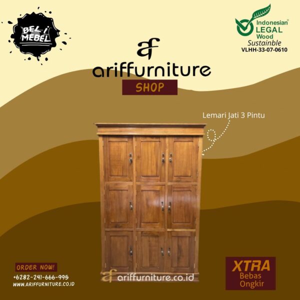 Almari Baju 3 Pintu Kayu Jati Jepara