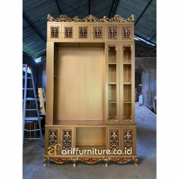 Lemari Tv Kayu Jati Mewah Gold Klasik Ukir - Gambar 2