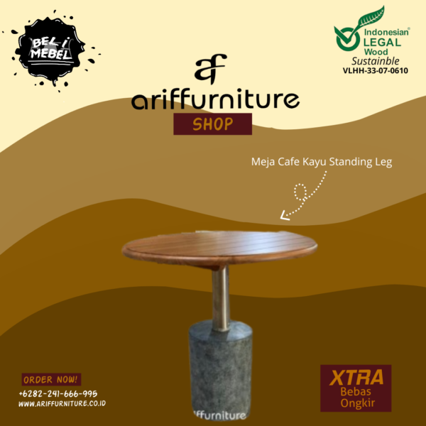 Meja Cafe Kayu Besi Bundar Standing Leg