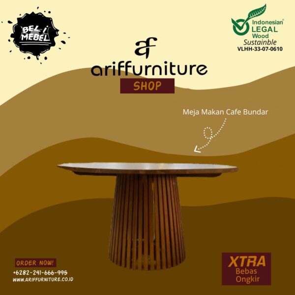 Meja Makan Cafe Bundar Kayu Solid