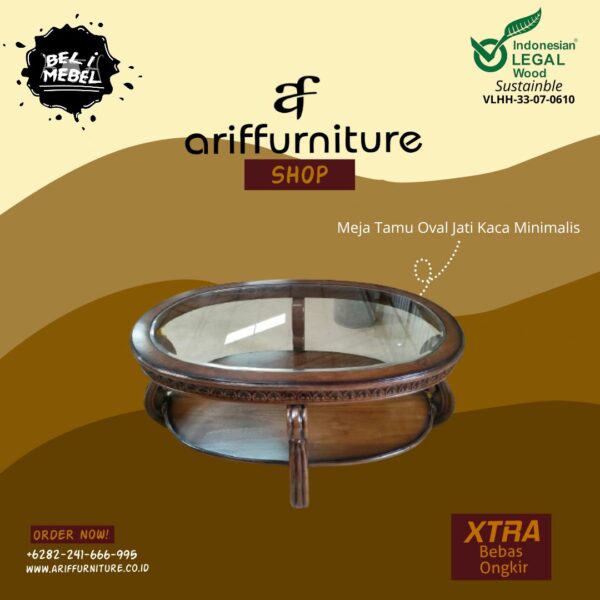 Meja Tamu Oval Jati Kaca Minimalis