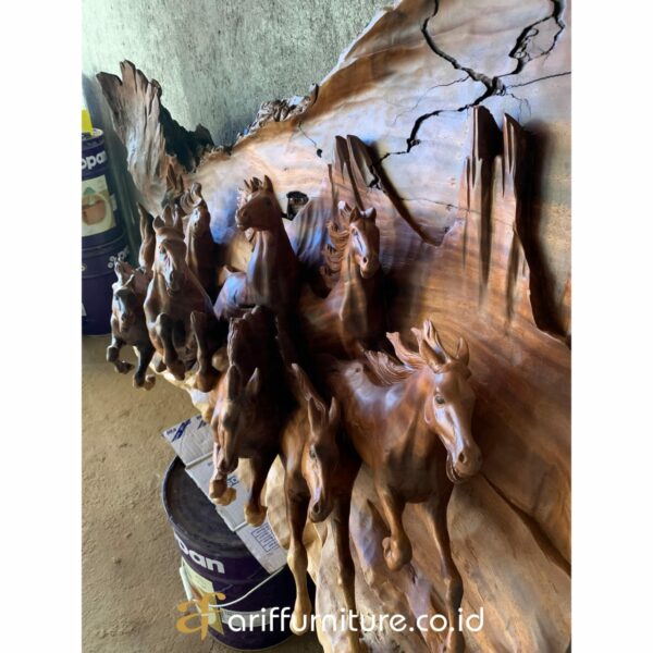 Hiasan Patung Relief Kuda Kayu Jati Antik - Gambar 4
