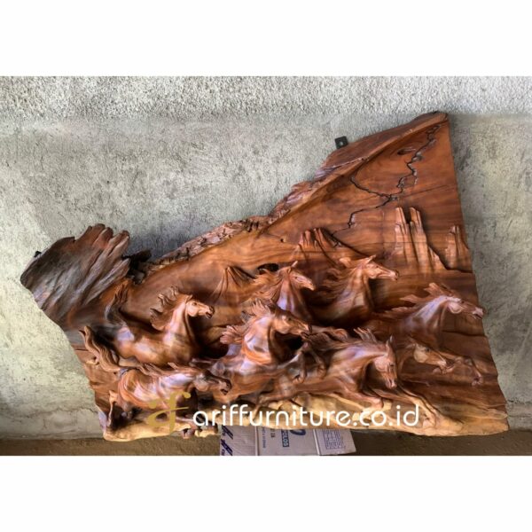 Hiasan Patung Relief Kuda Kayu Jati Antik - Gambar 2