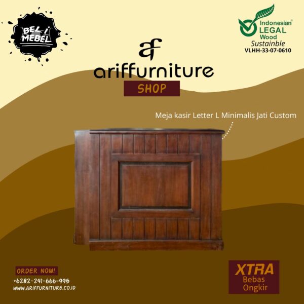 Meja Kasir Letter L Minimalis Kayu Jati Custom
