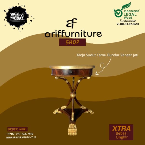 Meja Sudut Ruang Tamu Bundar Veneer Jati