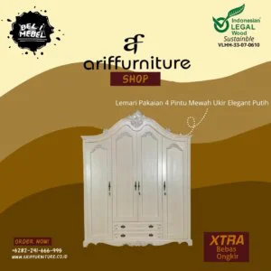 Lemari Pakaian 4 Pintu Mewah Ukir Elegant Putih