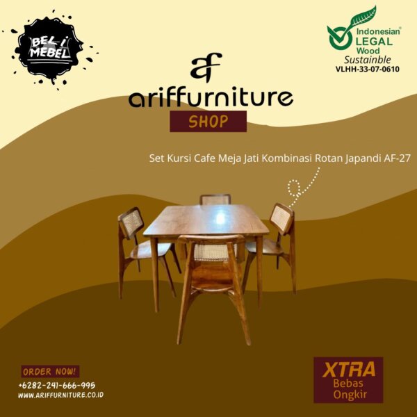 Set Kursi Cafe Meja Jati Kombinasi Rotan Japandi AF-27