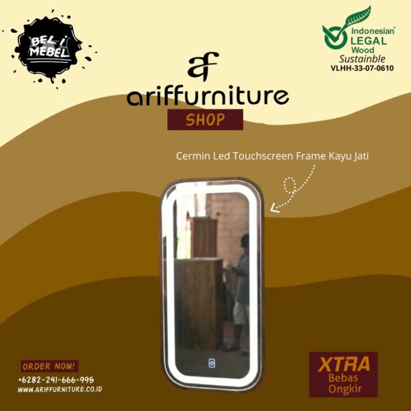 Cermin Led Touchscreen Frame Kayu Jati
