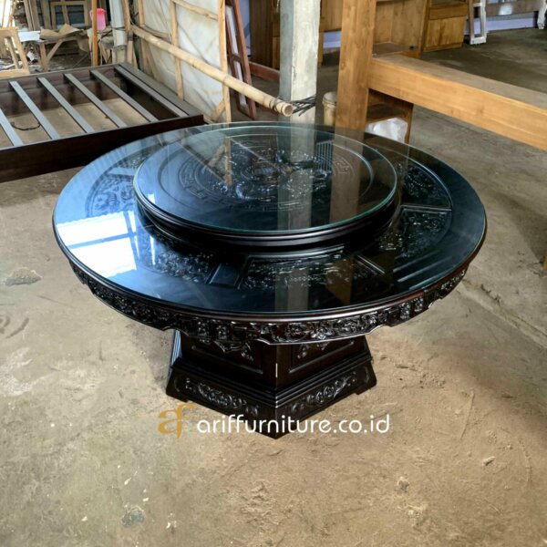 Meja Makan Putar Chinese Ukir Mewah Kayu Jati - Gambar 6