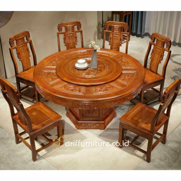 Meja Makan Putar Chinese Ukir Mewah Kayu Jati - Gambar 10