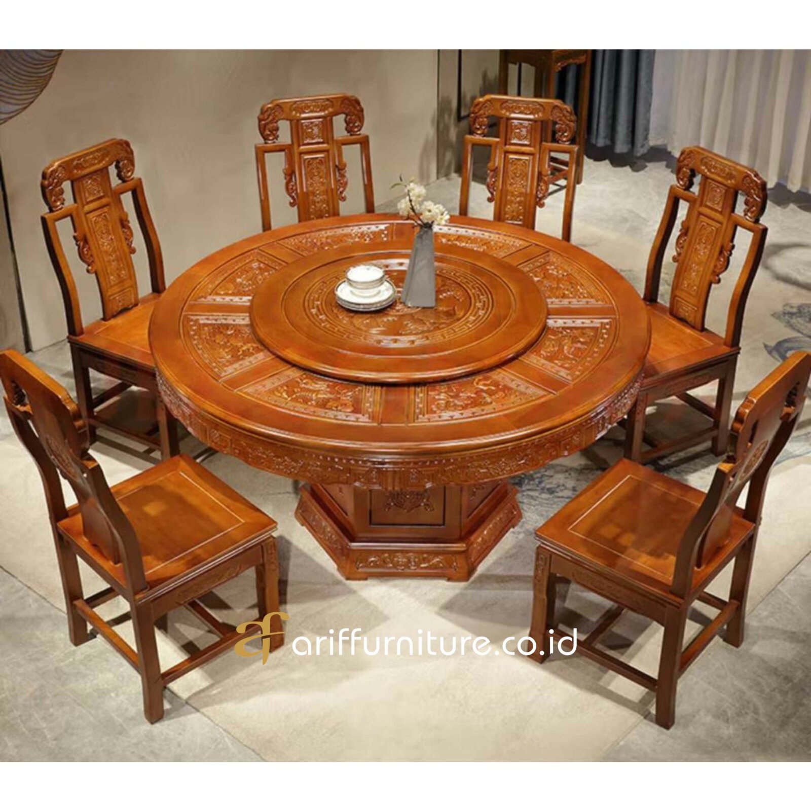 Meja Makan Putar Chinese Ukir Mewah Kayu Jati Toko Furniture Jepara 