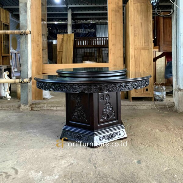 Meja Makan Putar Chinese Ukir Mewah Kayu Jati - Gambar 3