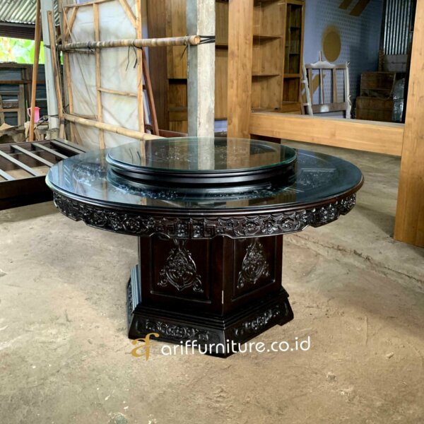Meja Makan Putar Chinese Ukir Mewah Kayu Jati - Gambar 5