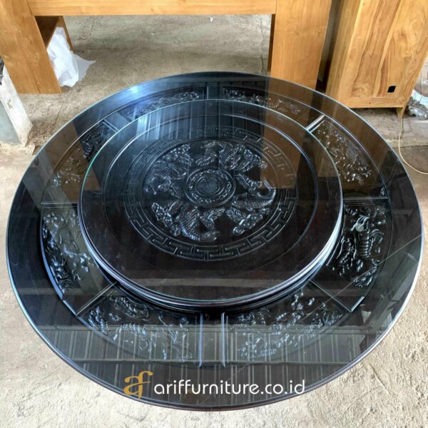 Meja Makan Putar Chinese Ukir Mewah Kayu Jati - Gambar 8