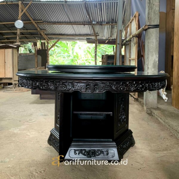 Meja Makan Putar Chinese Ukir Mewah Kayu Jati - Gambar 4