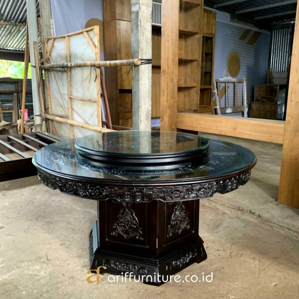 Meja Makan Putar Chinese Ukir Mewah Kayu Jati - Gambar 2