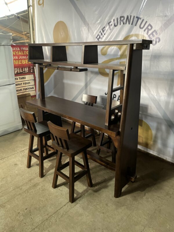 Set Meja Mini Bar Cafe Kursi Kayu Trembesi Solid - Gambar 3