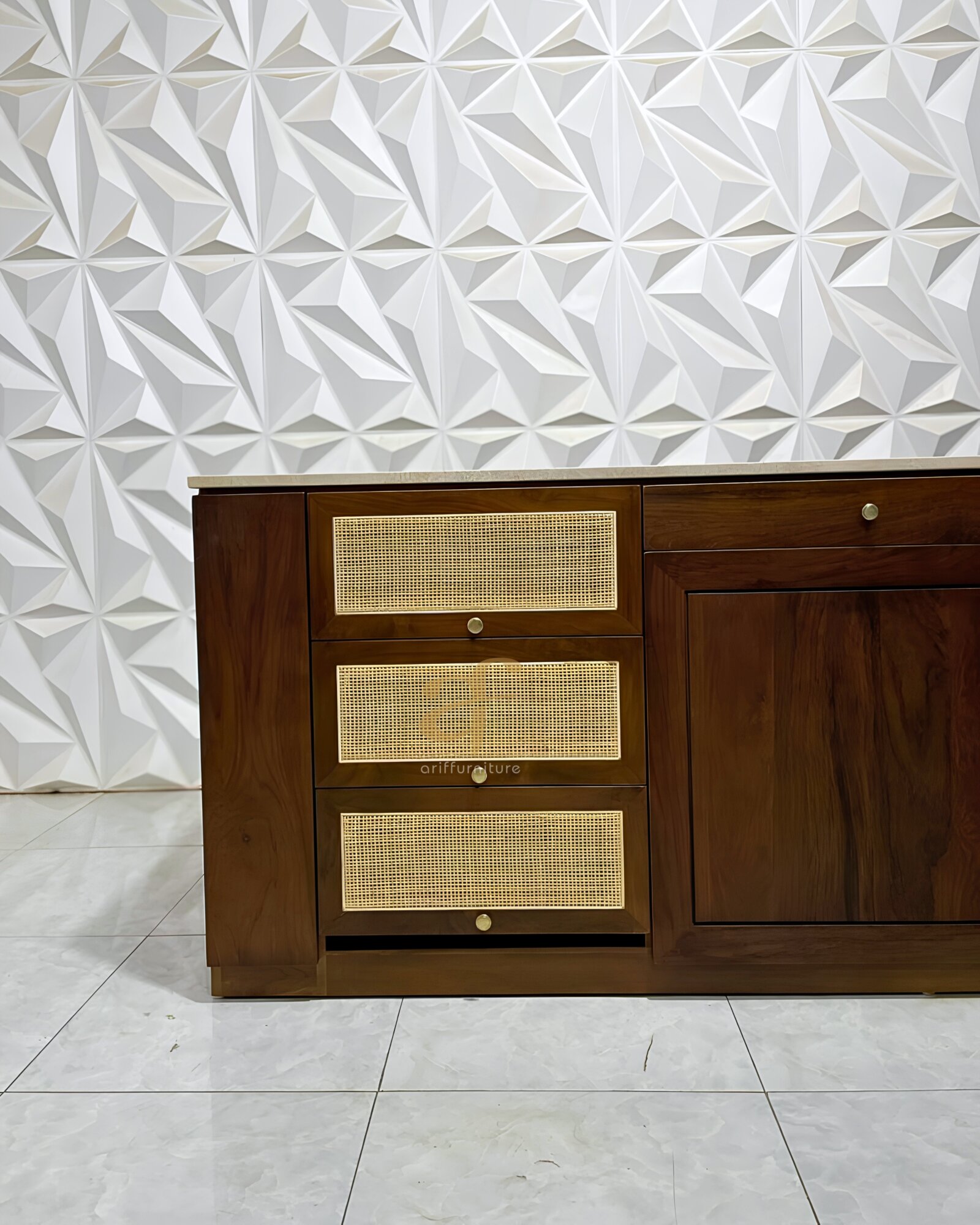 Sideboard Buffet Cabinet With Storage Teak Wood Top Marmer - Gambar 6