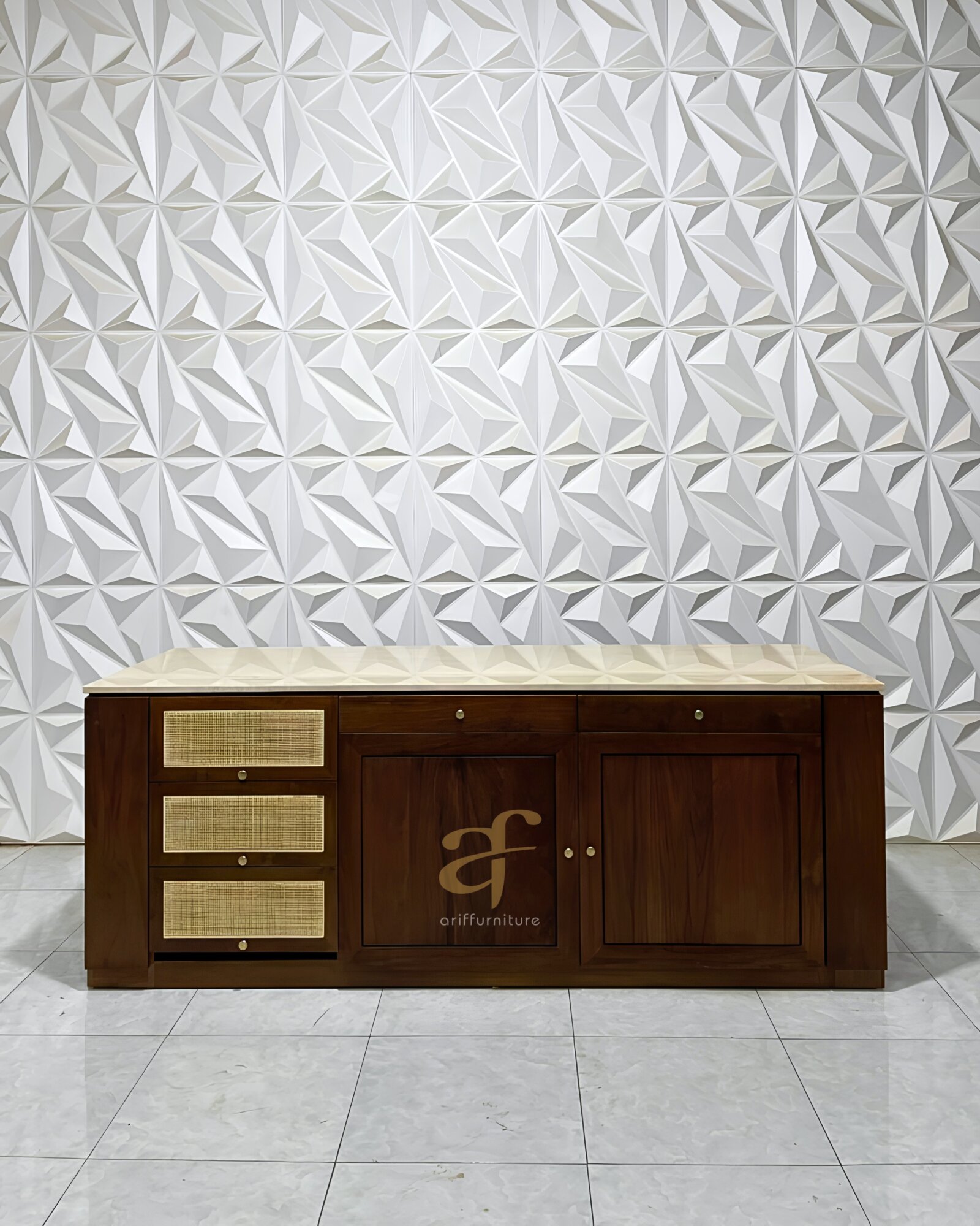 Sideboard Buffet Cabinet With Storage Teak Wood Top Marmer - Gambar 3