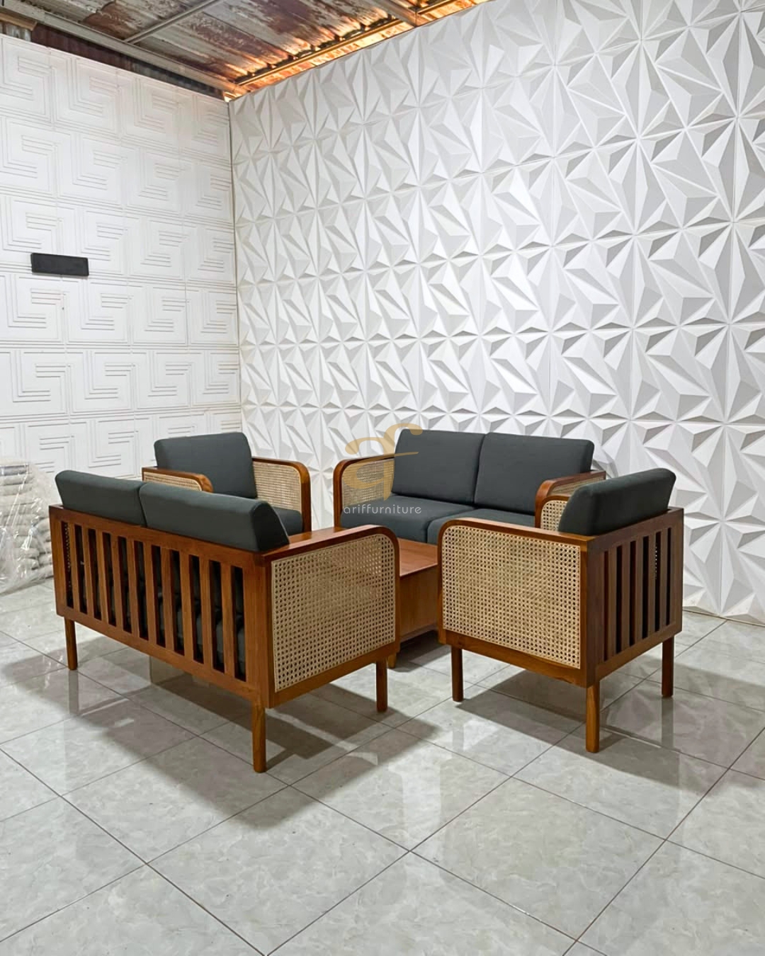 Set Sofa Retro Minimalis Custom Kayu Jati Mix Rotan - Gambar 3