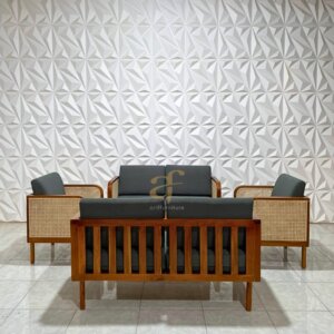Set Sofa Retro Minimalis Custom Kayu Jati Mix Rotan