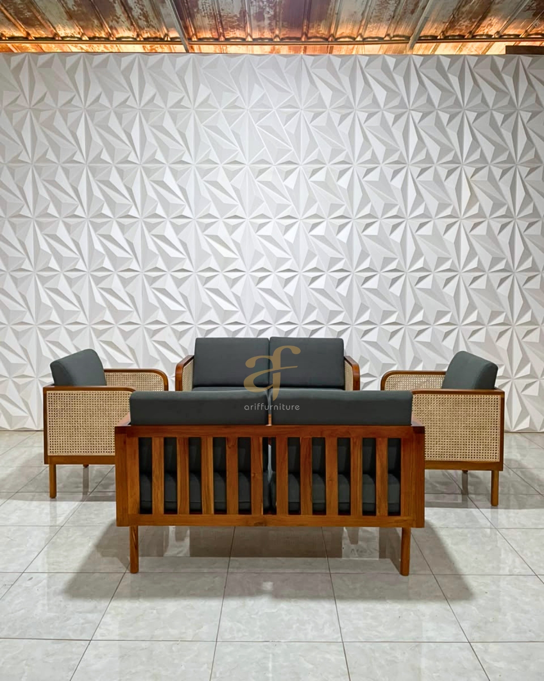 Set Sofa Retro Minimalis Custom Kayu Jati Mix Rotan