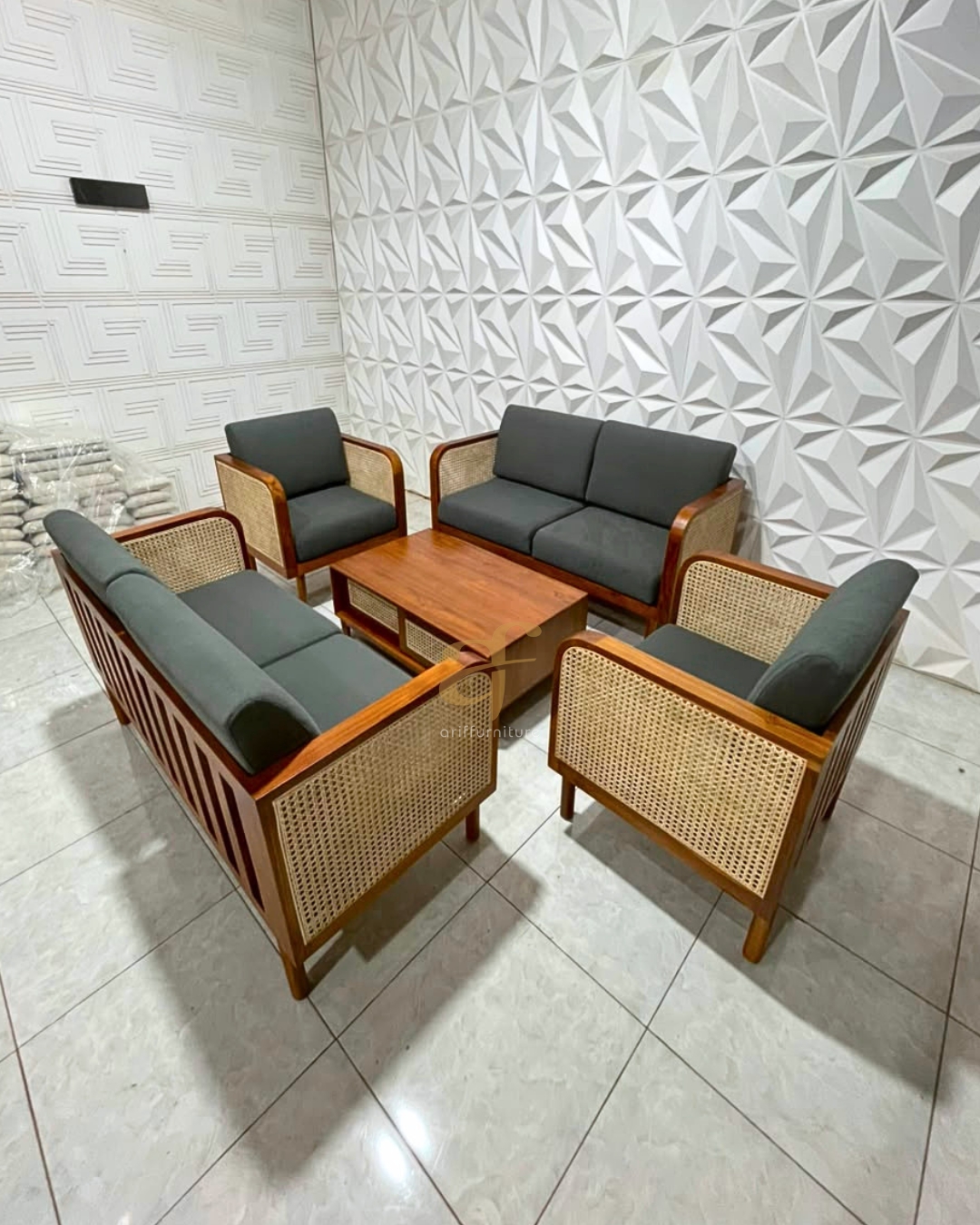 Set Sofa Retro Minimalis Custom Kayu Jati Mix Rotan - Gambar 5