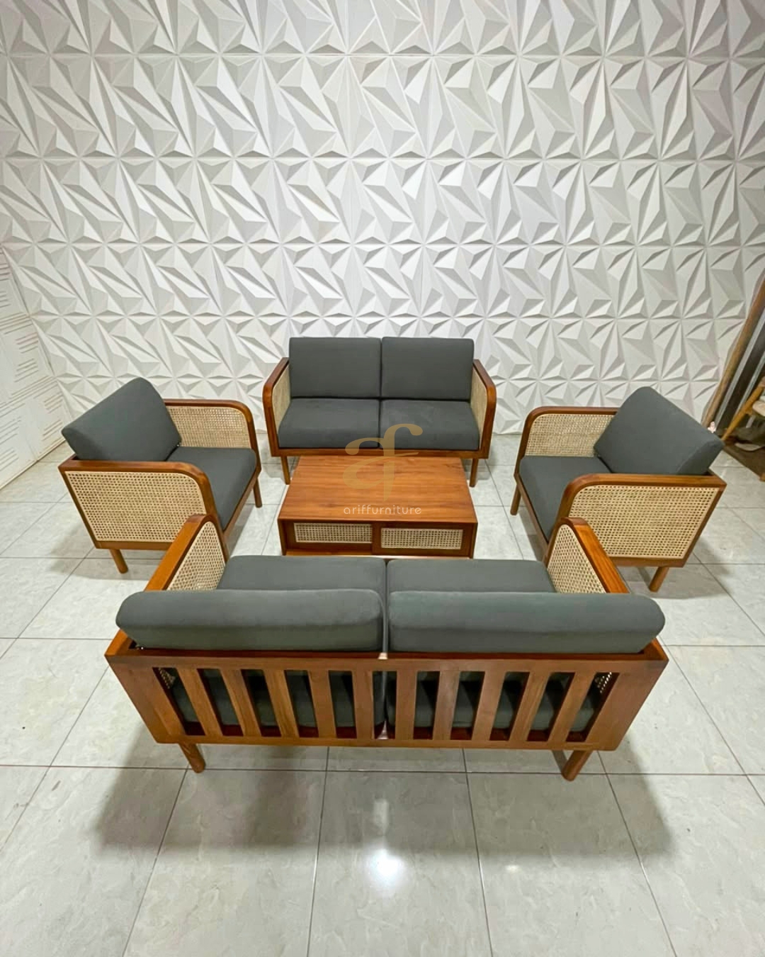 Set Sofa Retro Minimalis Custom Kayu Jati Mix Rotan - Gambar 4