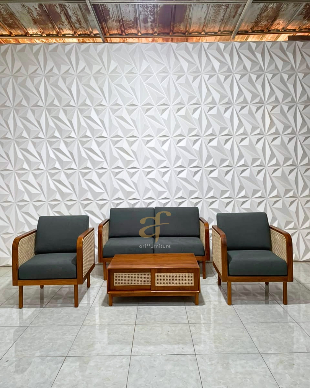 Set Sofa Retro Minimalis Custom Kayu Jati Mix Rotan - Gambar 6
