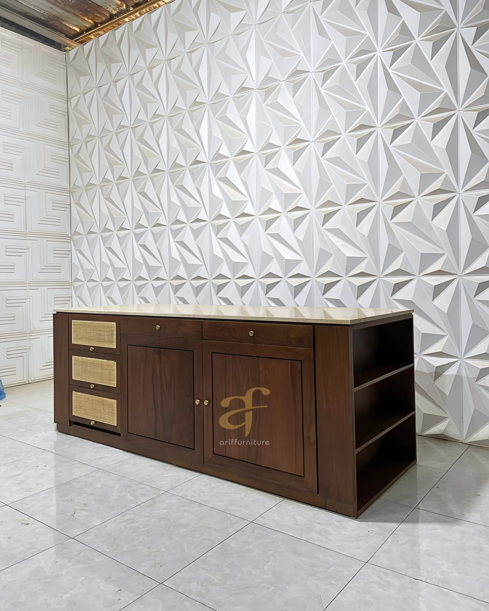 Sideboard Buffet Cabinet With Storage Teak Wood Top Marmer - Gambar 4