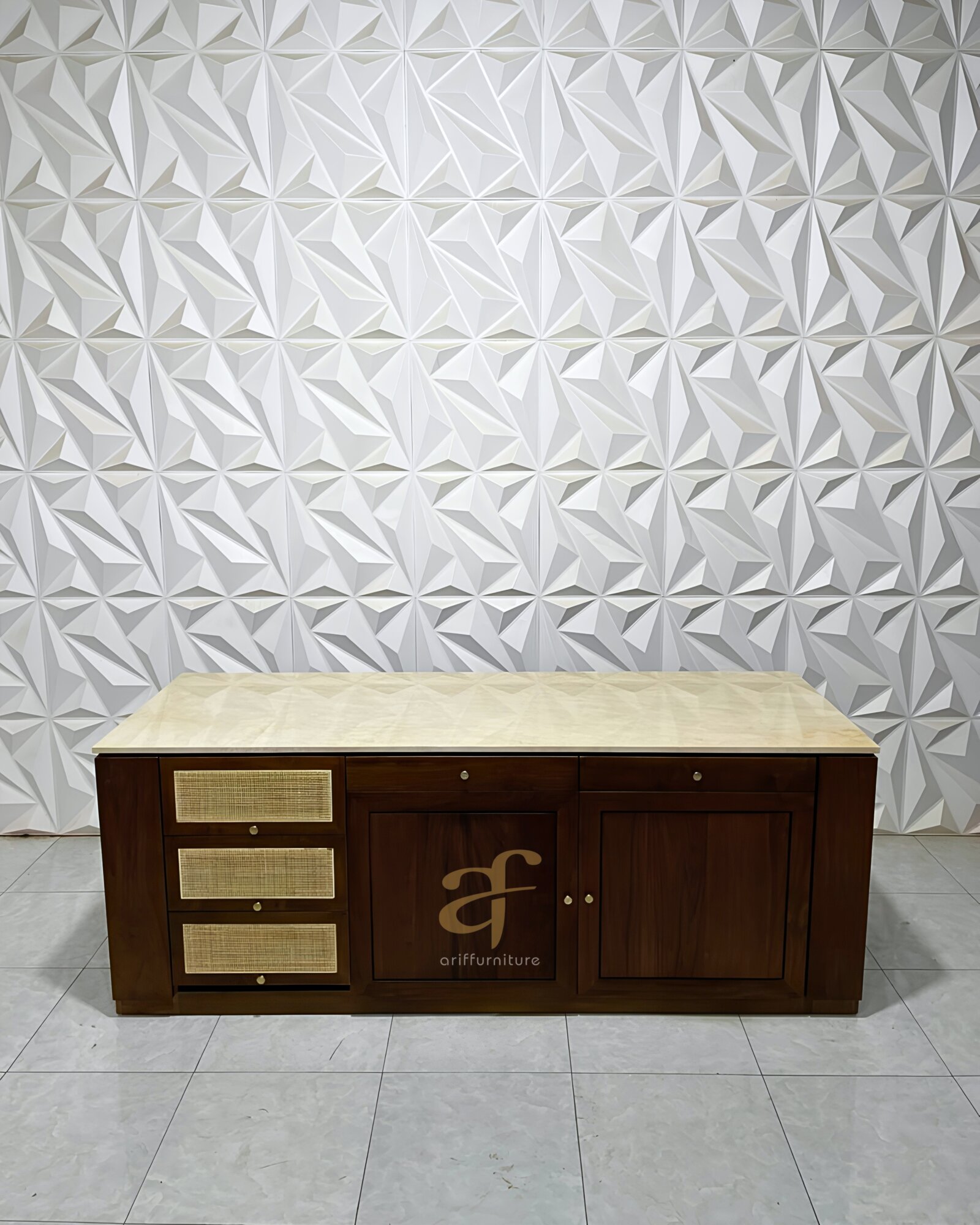 Sideboard Buffet Cabinet With Storage Teak Wood Top Marmer - Gambar 2