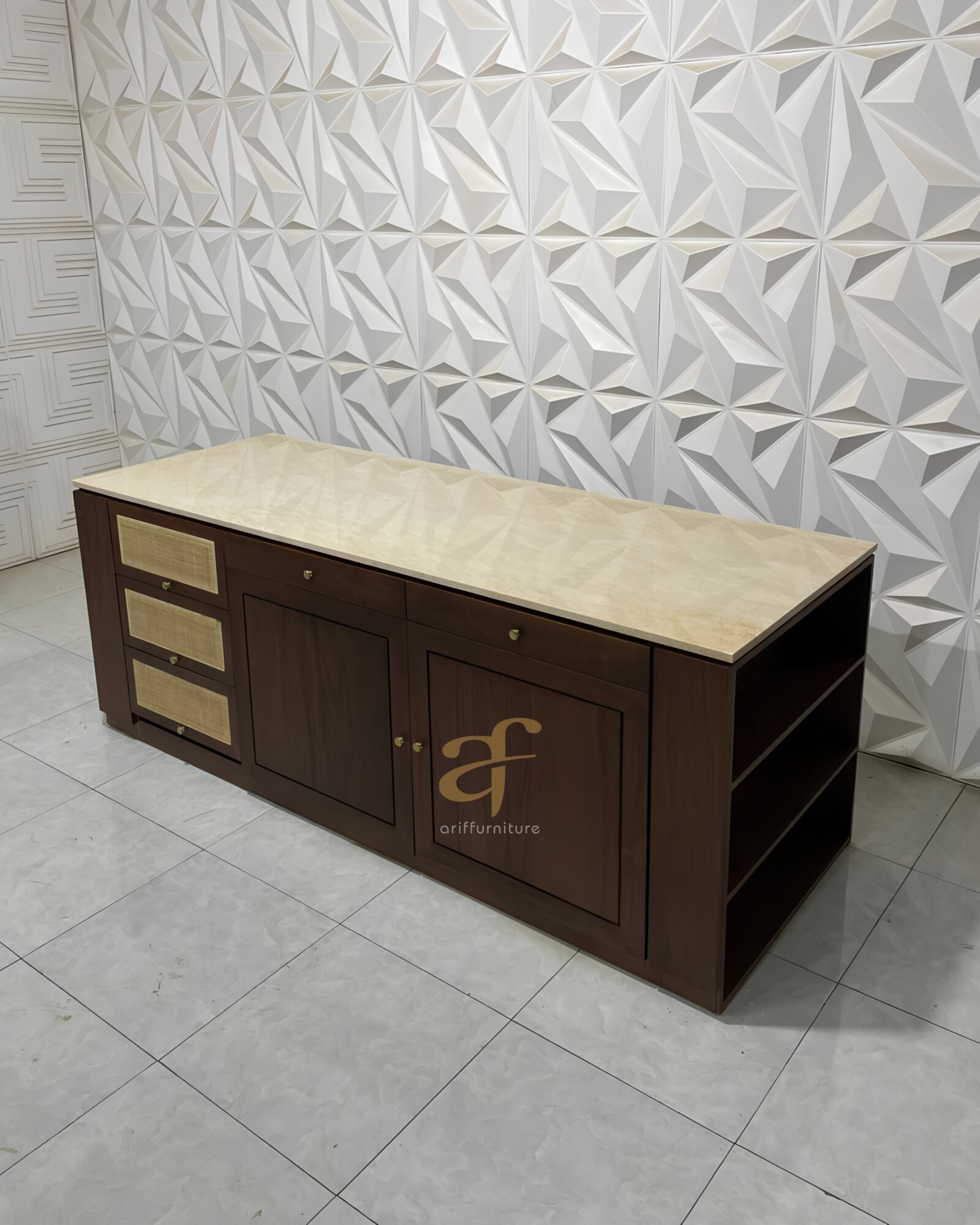 Sideboard Buffet Cabinet With Storage Teak Wood Top Marmer - Gambar 5