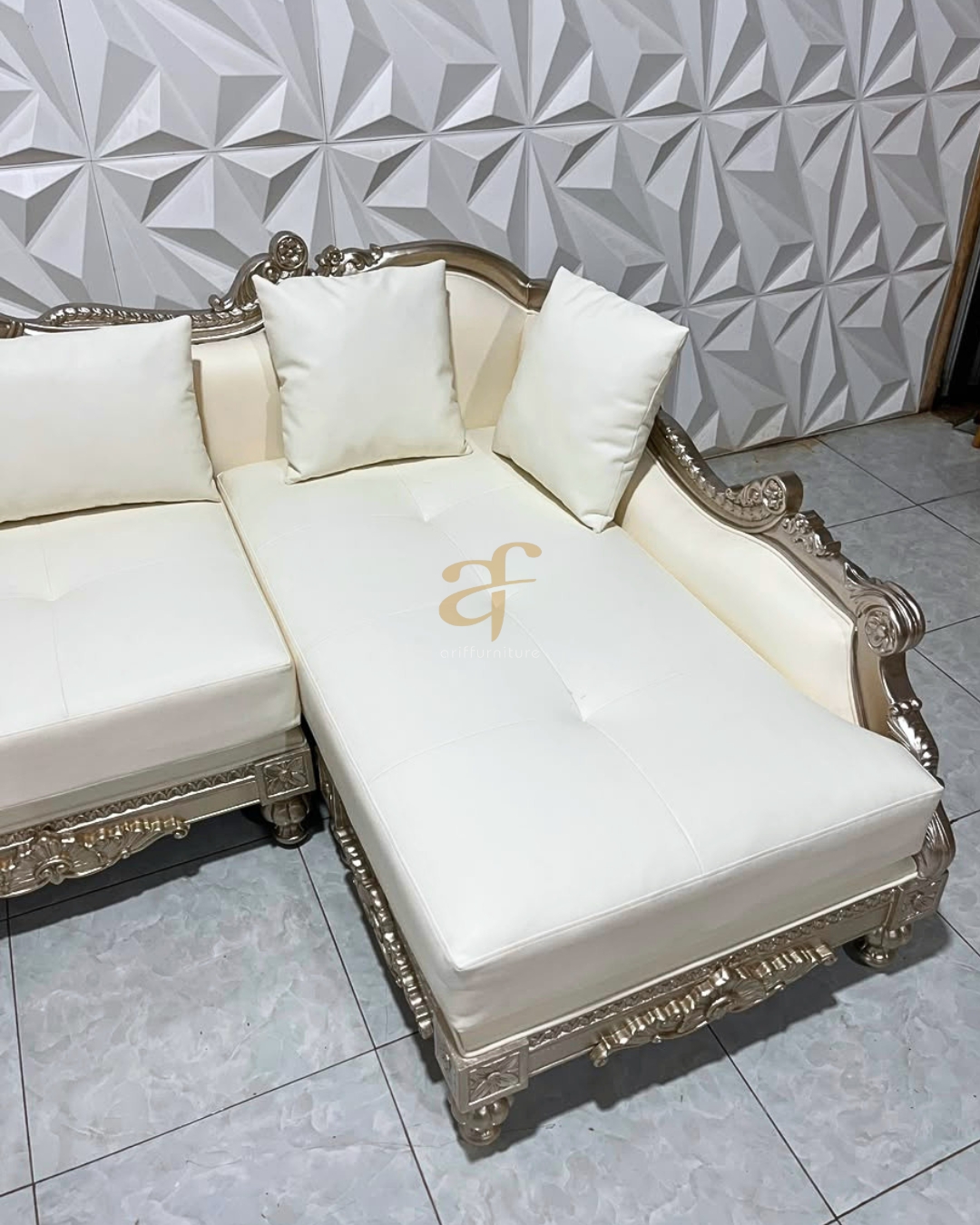 Sofa Letter L Kulit Sudut Ukiran Ruang Tamu Super Mewah - Gambar 8