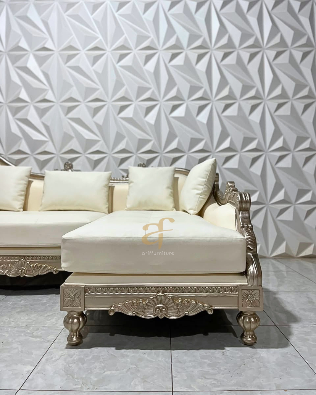Sofa Letter L Kulit Sudut Ukiran Ruang Tamu Super Mewah - Gambar 5